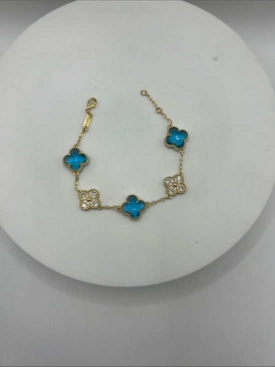 Jewelry - 150. 18k Gold Plated Clover Bracelet w/ Blue Stone & Crystals. 7 1/2” - 8”